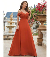 Vestido Longo Ombro a Ombro Madrinha Elegante Chiffon Terracota